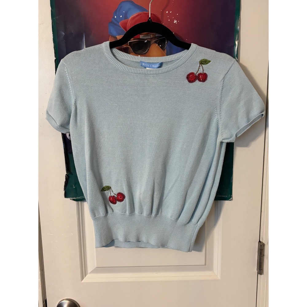 White + Warren Light Blue Beaded Cherry Knit Short Sleeve Sweater Top Womens y2k